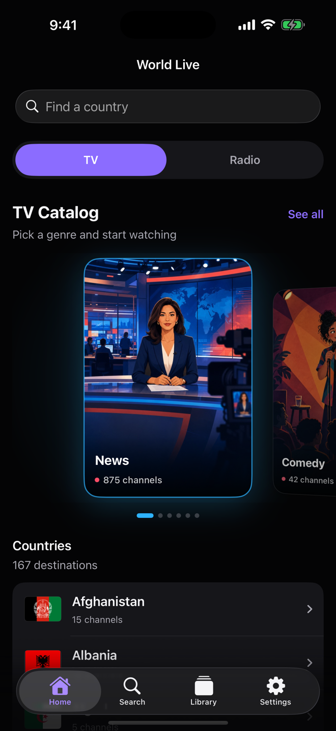 World Live home screen with live television categories and countries